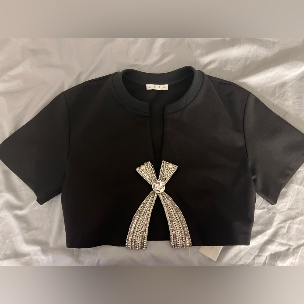 AREA Black Short Sleeve Crop Top with Rhinestone Bow Accent